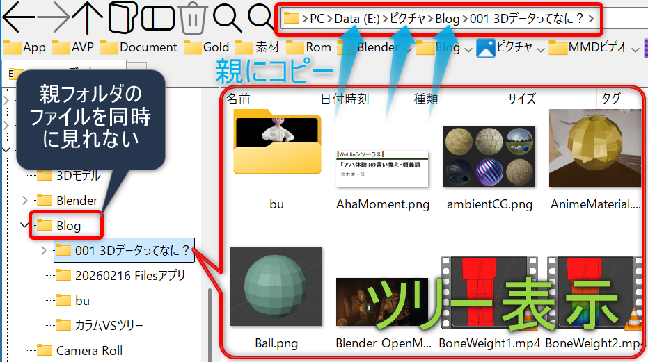 ツリー表示：親フォルダのファイルは同時に見れないが親へのコピーはできる