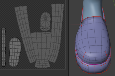 靴の赤い線が切れ目。左が展開したUVマップ